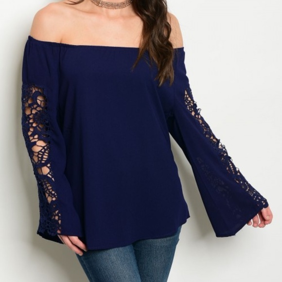 Tops - NAVY LACE OFF SHOULDER TOP